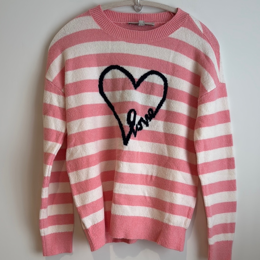 LOFT Pink and White Crew Neck Sweater with Heart Design